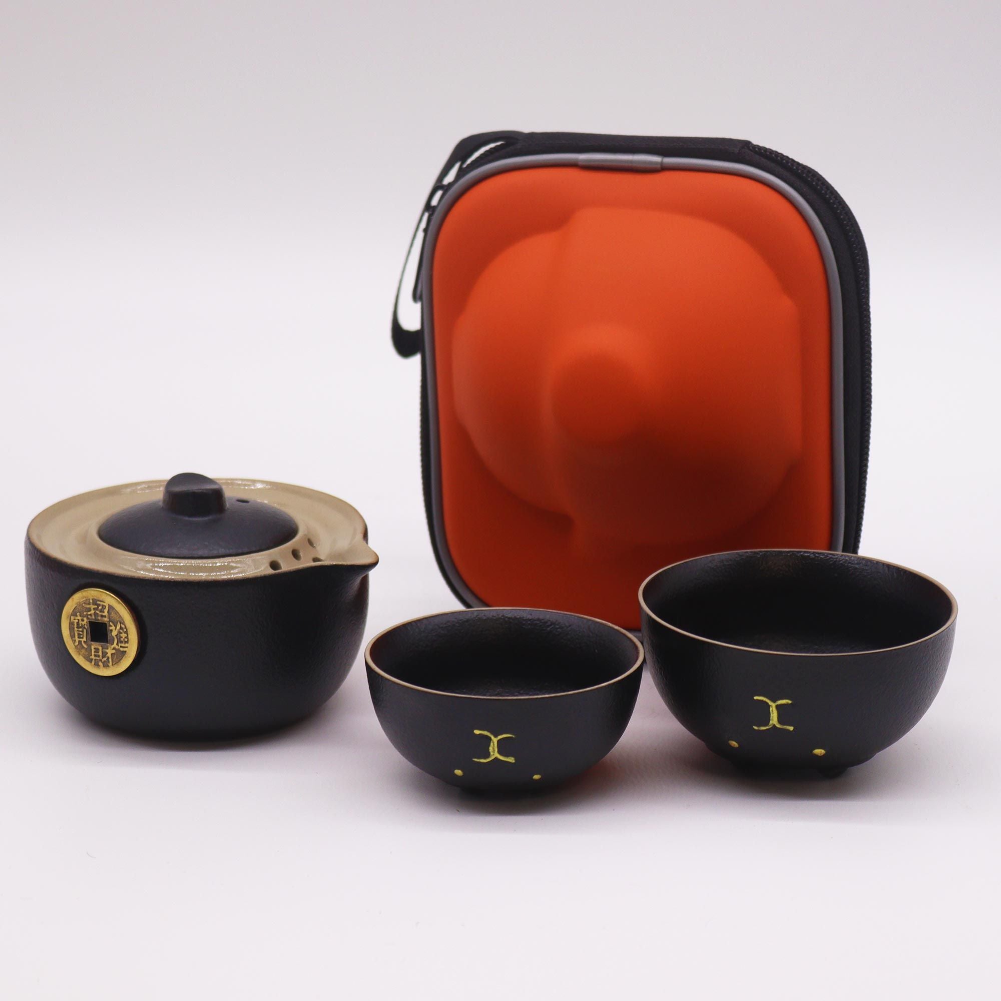 Juego de Tetera Gato de la Suerte - Dos Tazas - Pack de Viaje - Negro