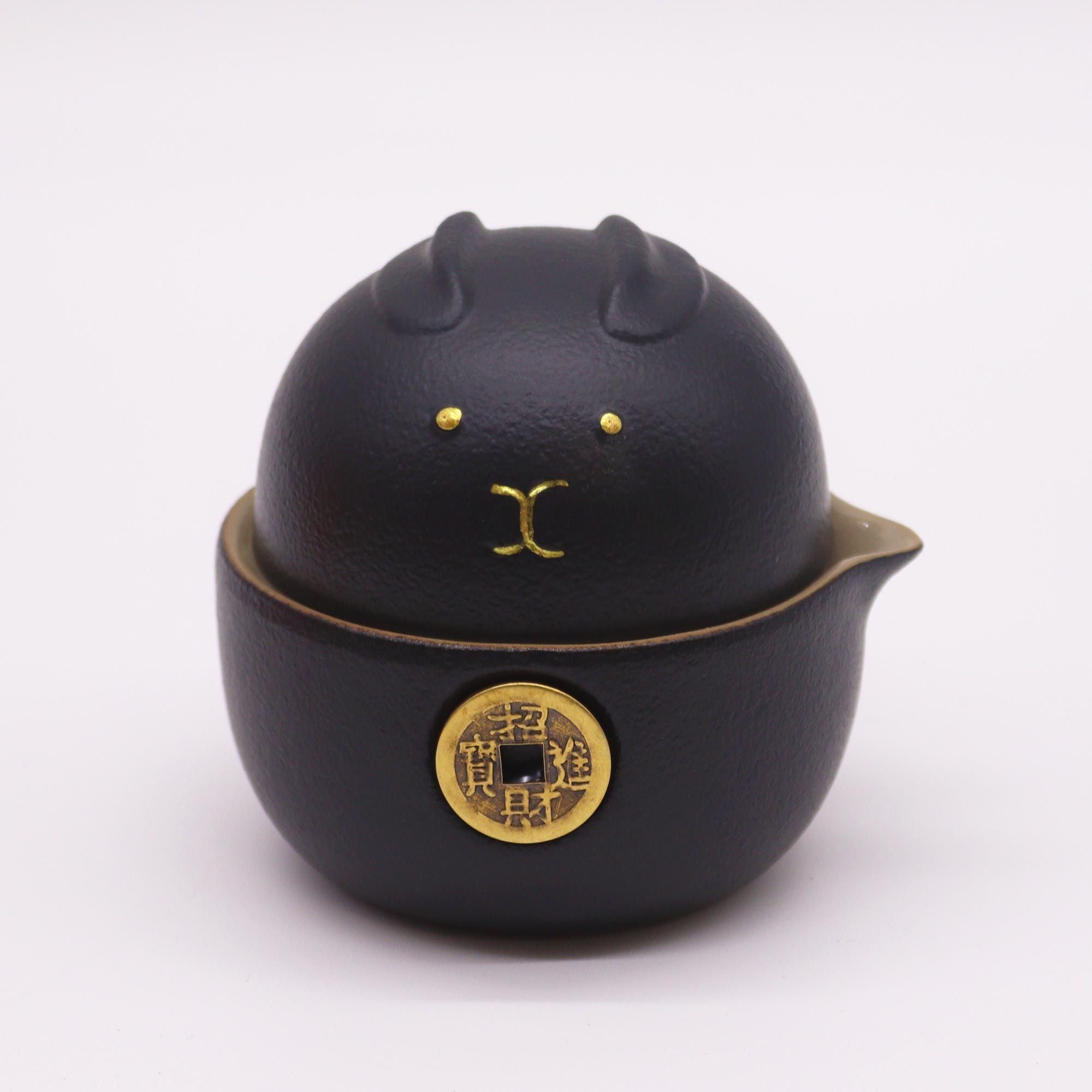 Juego de Tetera Gato de la Suerte - Dos Tazas - Pack de Viaje - Negro